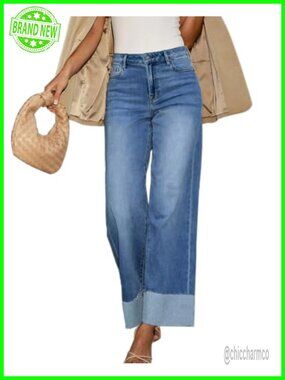 High Waisted Wide Leg Cuffed Jeans Frayed Raw Hem Stretch Denim Pants